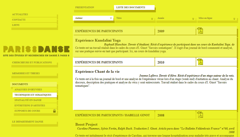 Lista de documentos en el sitio web Paris 8 Danse
